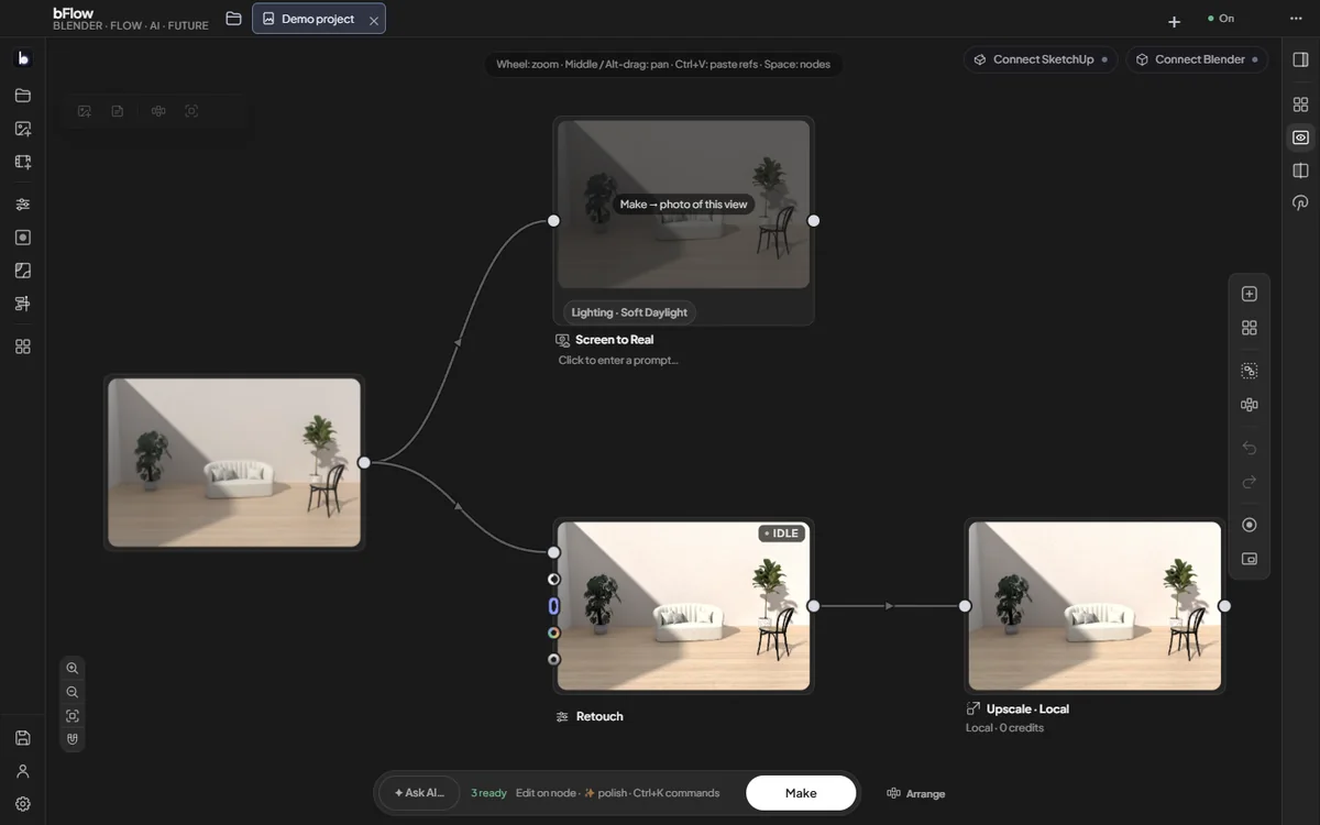 Canvas bFlow: render nối vào Screen to Real, Retouch và Upscale