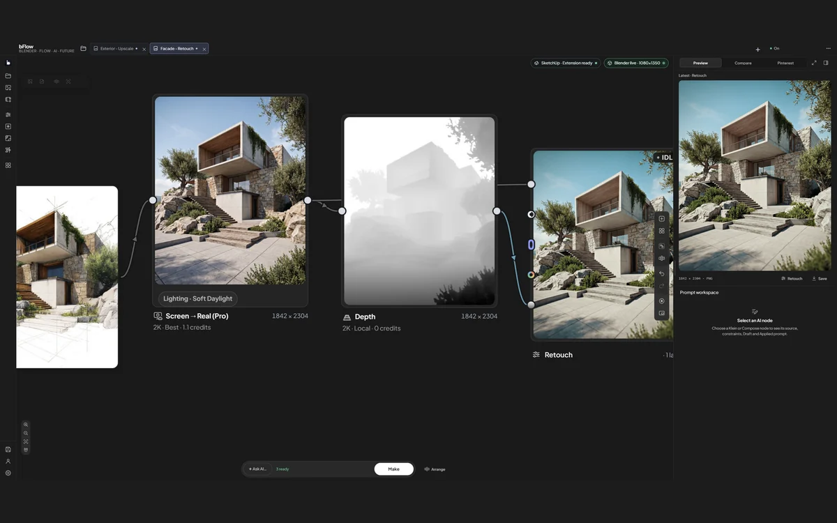 Canvas bFlow: bản phác nối vào Screen to Real, Depth và Retouch