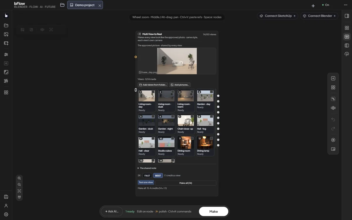 Thẻ Multi View: 14 góc, Test one view, Make all và tổng credit