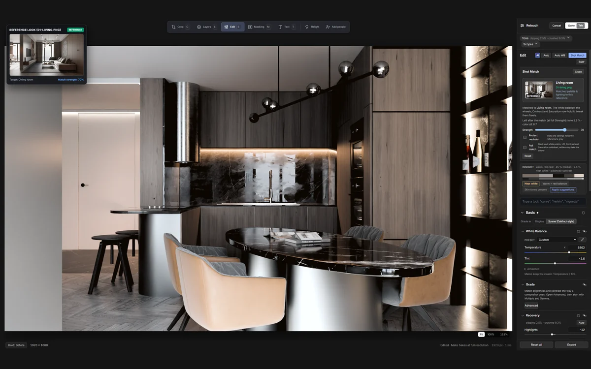 Retouch trong bFlow: ảnh phòng ăn trong khung xem với thẻ Reference Look ở góc, bên phải là bảng Edit với Shot Match đã áp dụng