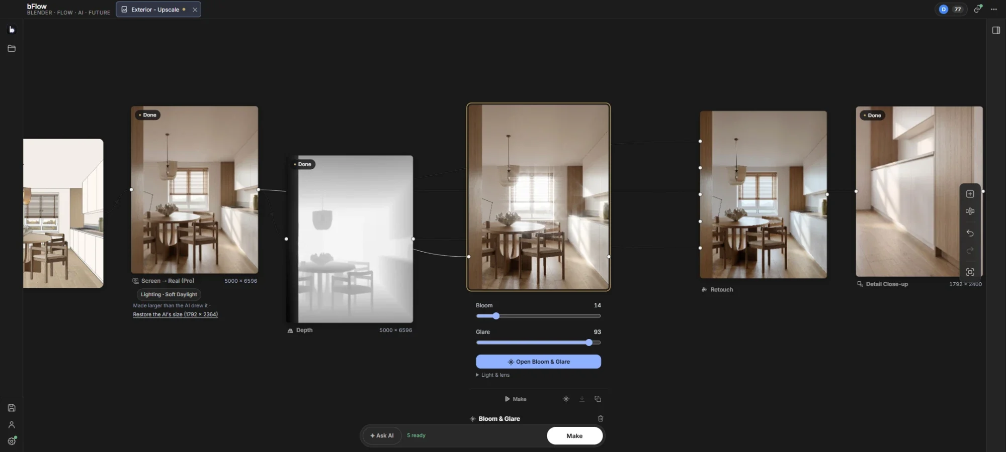 Canvas bFlow của một dự án nội thất: Screen → Real (Pro) nối vào Depth chạy trên máy, Bloom & Glare, Retouch và Detail Close-up