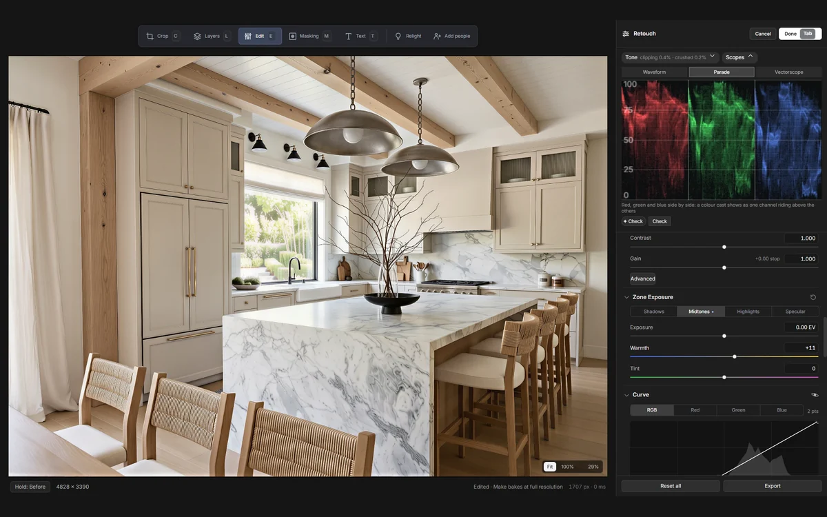 Retouch trong bFlow: ảnh bếp đang chỉnh, bảng bên phải mở Scopes ở chế độ Parade cùng Zone Exposure và Curve