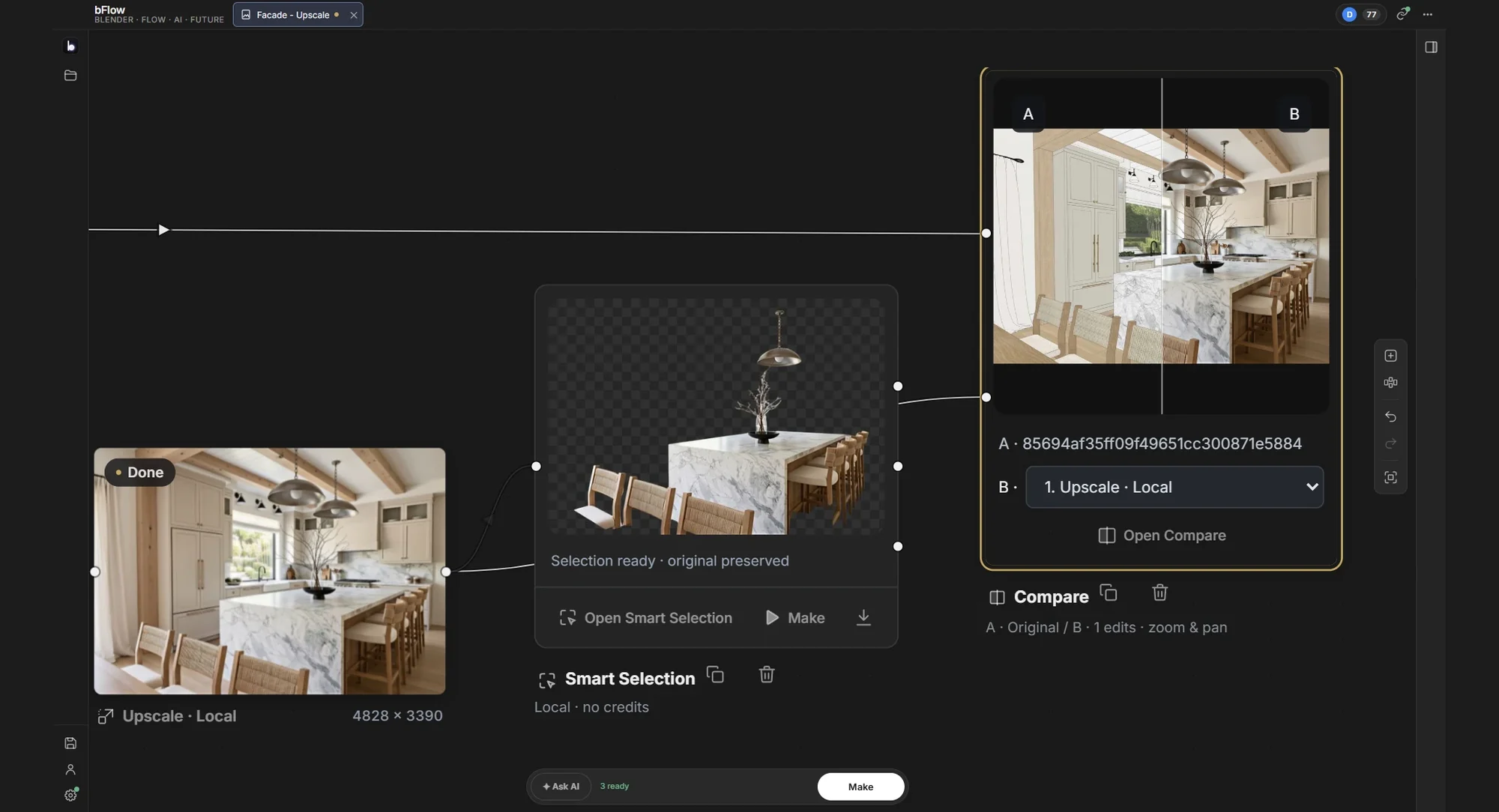 Smart Selection trong bFlow: vùng bàn ăn và ghế được tách riêng, ghi “Selection ready · original preserved”, nối với node Compare A/B và Upscale · Local
